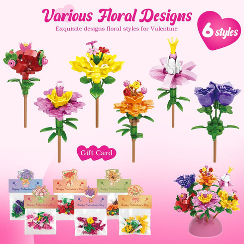 Deerher 24 Pack Prepacked Valentines Day Gifts for Kids - Valentine's Day Cards with Flower Building Blocks Crafts