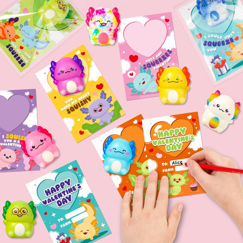 30 Pack OCHIDO Valentines Day Cards for Kids with Axolotl Slow Rising Squeeze Toys, Valentines Day Gifts for Kids