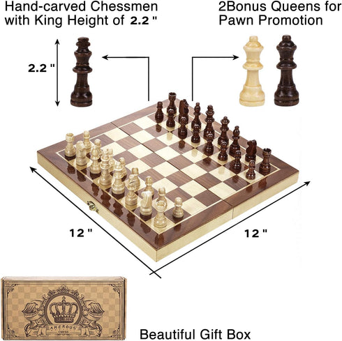 AMEROUS 12" x 12" Magnetic Wooden Chess Set - Kids Age 6+, 2 Bonus Extra Queens, Folding Board with Storage Slots