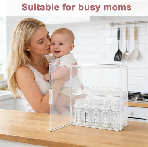 Penitue 3-Tier 2 Countertop Baby Bottle Organizer, Clear Acrylic Storage Box with Removable Dividers & Magnetic Door