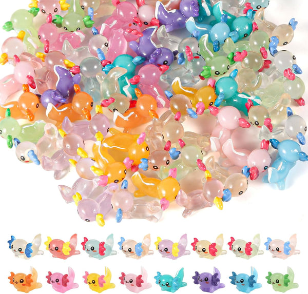 XIHIRCD 64pcs Mini Axolotl Figures, Glow in The Dark Resin Axolotl Tiny Animal