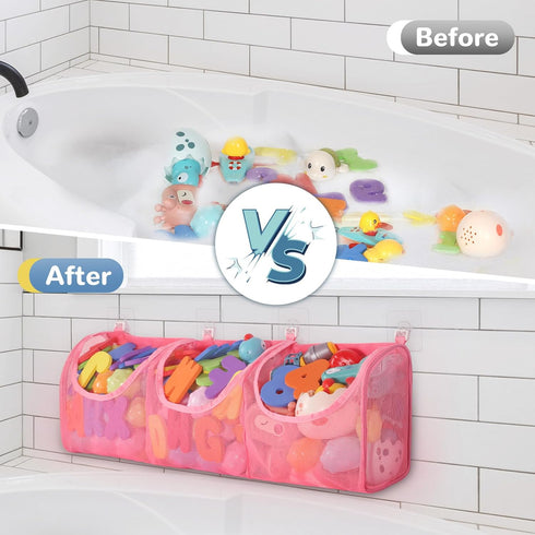 Bath Toy Storage, Large Capacity 3 Compartments Organizer for Kids Baby Bathroom Toy - Pink