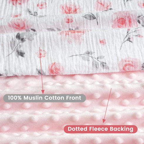 30x40 Inches, david's kids Muslin Minky Baby Blanket for Girls with Muslin Cotton Front and Dotted Fleece Backing