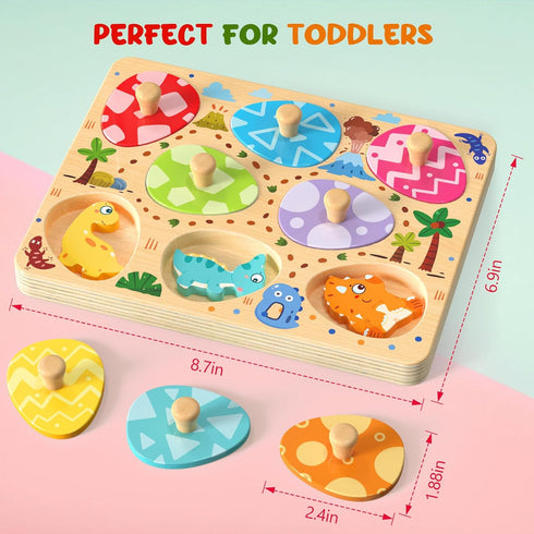 8 Zeoddler Wooden Puzzles for Toddlers, Pcs Dinosaur Matching Egg Puzzle, Montessori Toys for Boy Girl Easter Birthday