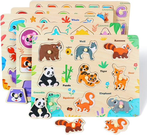 3 4 5 5PCS GRINNNIE Wooden Puzzles for Toddlers Years Old, Montessori Toddler Toys Peg Puzzles with Knob - Number
