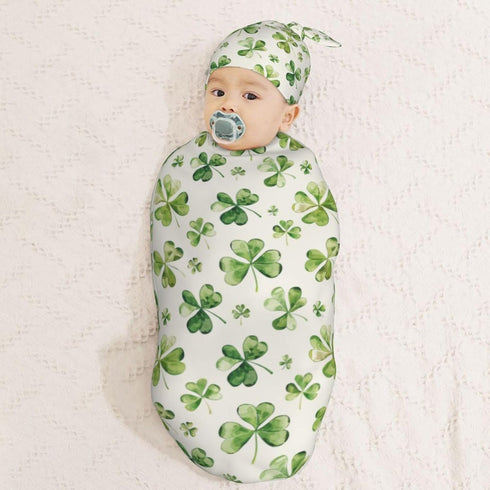 Sets Watercolor Shamrock Newborn Swaddle Blankets Hat Soft Baby Receiving Blanket Swaddle Sack for Baby Shower Infant