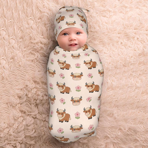 Qwalnely Cow Swaddle Blanket with Hat for Baby, Swaddling Highland Cow Baby Stuff