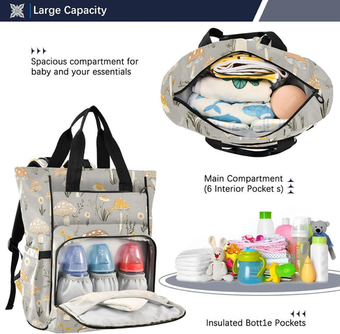 Bolaz Backpack Diaper Bag Tote Multifunction Baby Nappy Changing Bags Mushrooms Large with Stroller Straps Travel