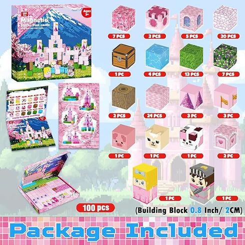 DOFASNCN 3+Creative 100PCS Pink Magnetic Building Blocks Magnetic Building Tiles Toys for Boys Girls Age Plastic Magnet