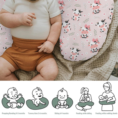 Cute Cow Pink Bows Baby Nursing Pillow Covers for Boy Girl Cartoon Cows with Flowers Leaves Nursing Pillowcase