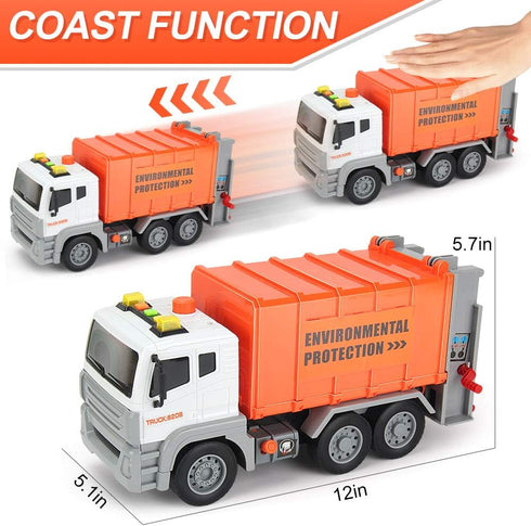12" 4 Garbage Truck Toys Trash Truck Dump Truck with Garbage Cans, Friction Powered Truck with Sound and Light,Push