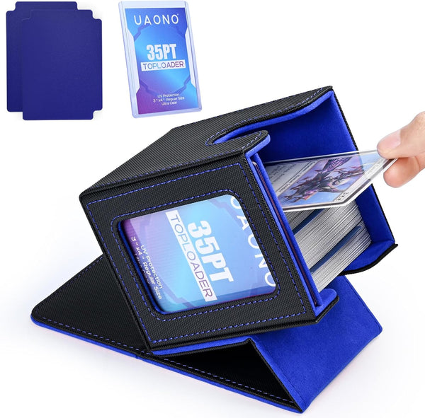Card Deck Box with Patented Design, MTG Commander Display Case Holds 100+ Double-Sleeved Cards, Black&Blue