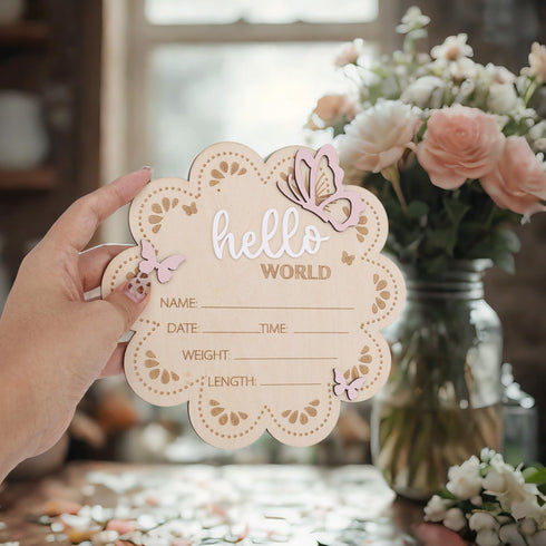 BOXOB 7x6.81in Wooden Baby Announcement Sign, Butterfly Hello World Newborn Sign Baby Name Plaque Board Newborn Welcome