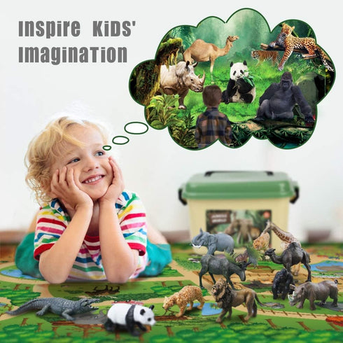 12 57x38.6 Playset Mini Tudou Pcs Safari Animals Figures Toys w/ Large Activity Play Mat, Realistic Jumbo Jungle Wild
