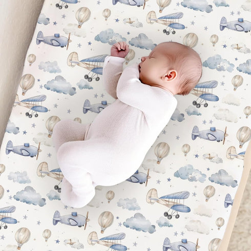 KuphiL10C 30x40 Plane Theme Cloud Hot Air Balloon Pattern Baby Crib Sheet, Diaper Changing Pad Cover, Flannel Throw