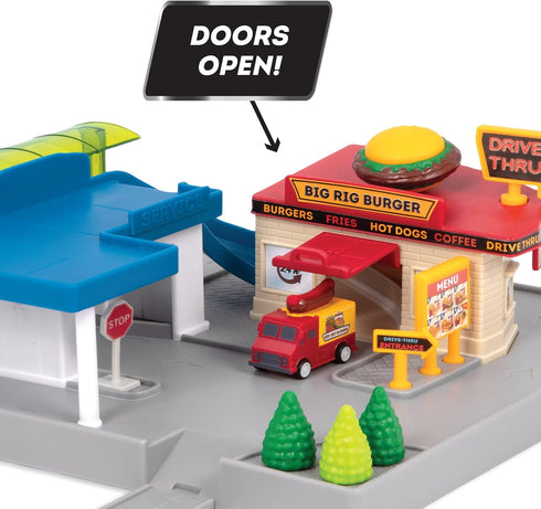 Driven by Battat Gas Station & Drive-Thru Restaurant Playset - 5-Piece Toy Car Accessories for Kids, 3 Years +