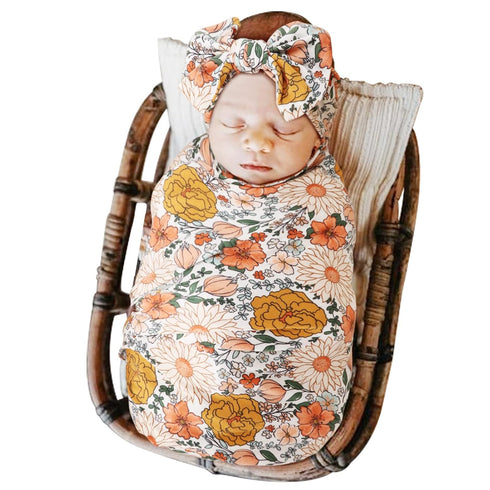 Set DRESHOW BQUBO Newborn Floral Receiving Blankets Newborn Baby Swaddling with Headband Warm Shower Gift