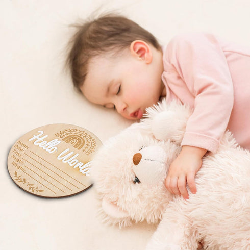 NQEUEPN 5.91x5.91in New Baby Announcement Sign, Hello World Plaque Sign Wooden Baby Name Information Sign Birth