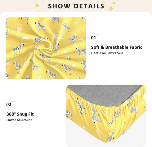 miaozhen 1 Pack 52x28 Cotton Crib Sheets for Baby Boys Girls Comfy Breathable Style Zebras Sun Pastel Yellow Toddler