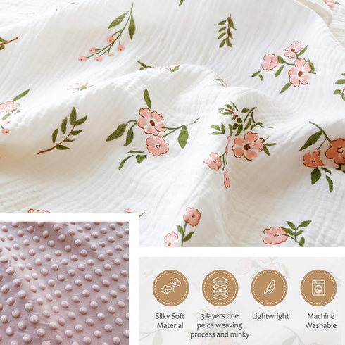Muslin Baby Blankets for Girls, Super Soft Minky with Breathable Cotton Front and 3D Dotted Fleece Backing, Pink Floral