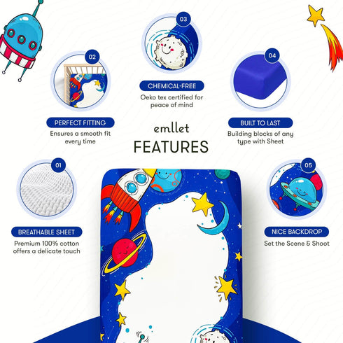 Emllet 100% 52x28in Cotton Fitted Crib Sheet Cosmic Adventure Space Theme, Soft Nursery Bedding for Baby Boy or Girl