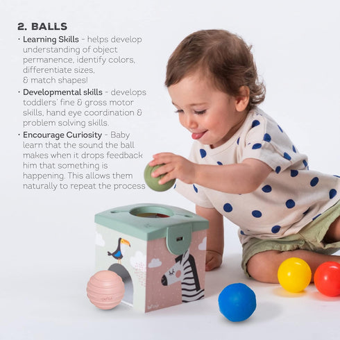 Taf Toys Sensory Baby Tissue Box - Montessori Square Sensory Toys with Colorful Pull Scarves, Play Balls, and Cards.