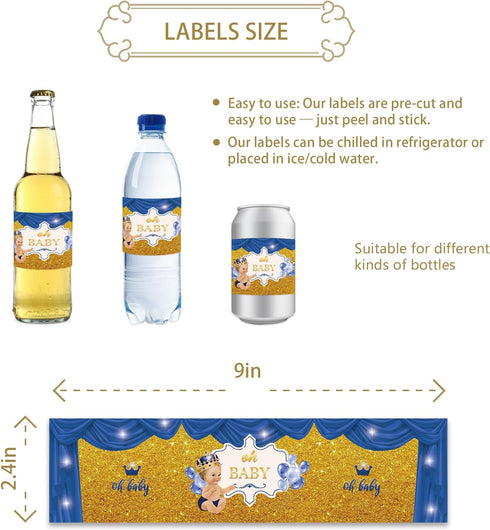 32pcs Blue Oh Baby Water Bottle Labels, Gold Glitter Stickers for Gender Reveal/1st Birthday, Baby Boy Bottle Wrappers