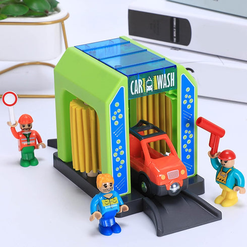 Car Wash Station Playset Toy for Wooden Train Track, Creative Pretend Play Toy Vehicles Accessory for Toddlers