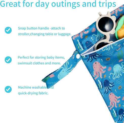 CoolaPeach 2 Pcs Wet Bags Waterproof Reusable Zippered Pocket Cloth Diaper Bag for Travel Beach Pool Swim, Baby