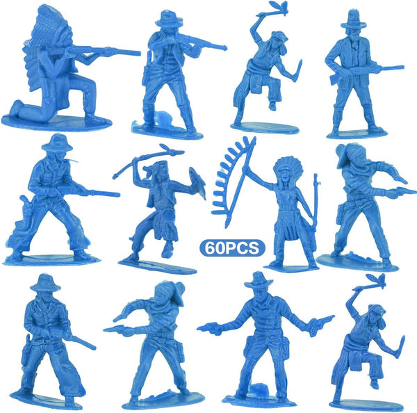 60 PCS Various Pose Cowboy Indian Toy Figures for Kids, Native American Miniature Kit 144 ct 2inch - 3inch (Blue)