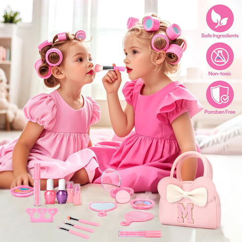 18Pcs 3 4 5 6 7 8 9 10 Set Kids Real Makeup Kit for Girls - Non-Toxic Washable Make Up Toys with Initial Toddler Purse