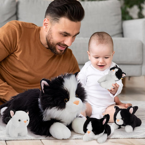 5Pcs Set, 20 inch 4 Tezituor Cat Stuffed Animals Large Realistic Stuffed Cat with Cute Kittens Baby, Soft Black