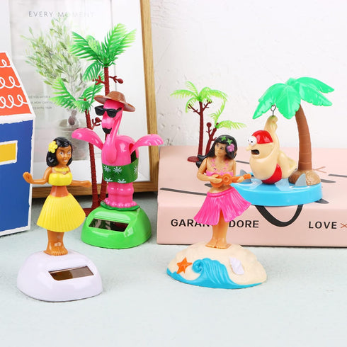 4 Pack Hawaii Girl Solar Powered Dancing Toys, Flapping Wings Flamingo Car Shaking Head Dancer Doll