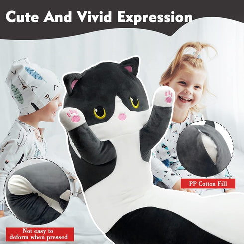 Long Cat Plush Pillow, 43.3in Cute Black Cat Plushie Stuffed Animal Body Pillow, Kawaii Doll Toy Gift