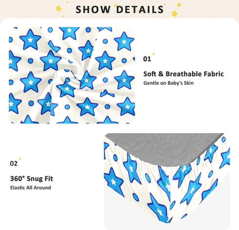 miaozhen 1 Pack 52x28 Cotton Baby Crib Sheets Soft Stretchy Blue Stars Dot Blue Light Toddler Mattresses for Nursery