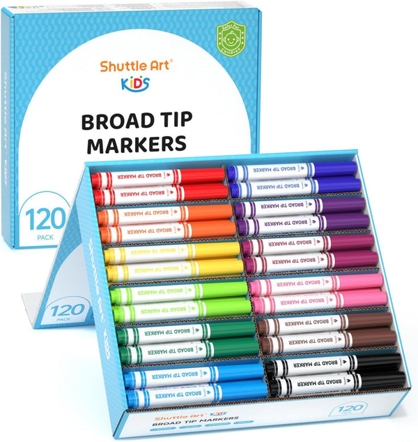 Shuttle Art 120 Count Washable Markers, 10 Assorted Colors Broad Line Conical