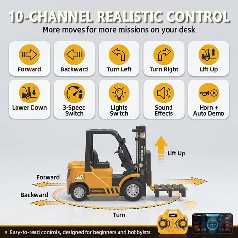1/64 Controled,2-in-1 Hook,10CH RC Forklift Toy,Mini Forklift Remote Control & Phone App Transformable Lift Fork