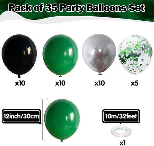 Green Black Balloons, Dark Green Black Silver Confetti Balloons, 35 Pcs 12 Inch for Birthday Party Decorations