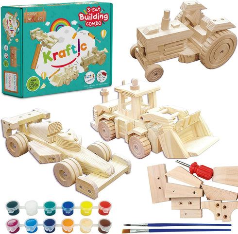 Kraftic Woodworking Building Kit for Kids - 3 Educational DIY Carpentry Projects for Boys and Girls - Tractor,