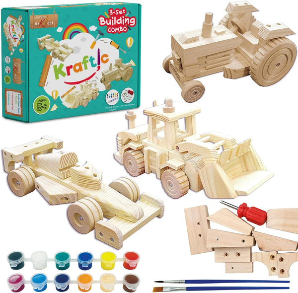Kraftic Woodworking Building Kit for Kids - 3 Educational DIY Carpentry Projects for Boys and Girls - Tractor,