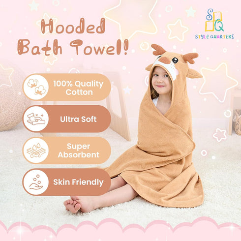 Cozy, Children(50"x30") Style Quarters Brown Elk Hooded Towel for Kids Soft, Absorbent Cotton, Embroidered Baby Bath