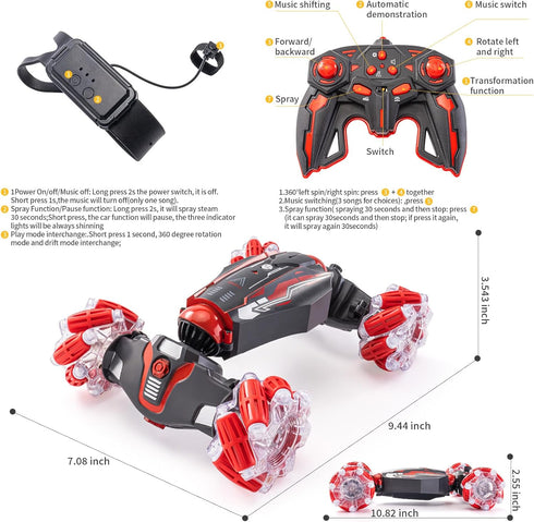 4WD Stunt Car, 2.4 GHz Gesture Sensor RC Cars, Double-Sided Vehicle 360° Flip Buggy with Music Spray, Best Gift for