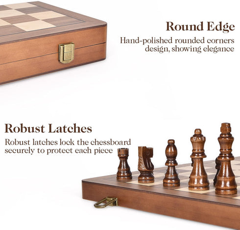 15" Set ELONGDI Wooden Chess with Magnetic Pieces - Extra Queens - Folding Chessboard Portable Travel Tournament Chess