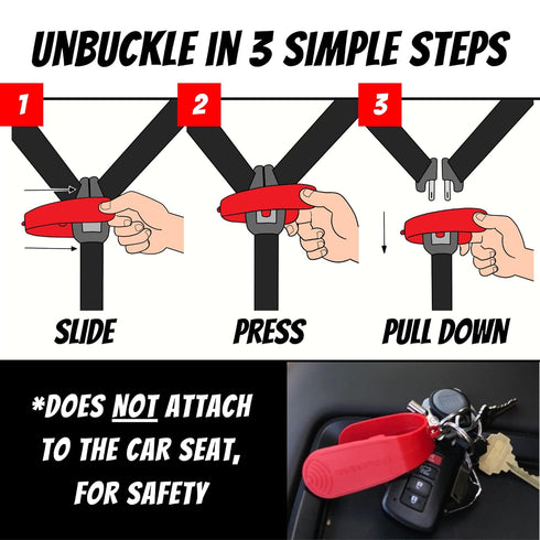 UnbuckleMe Car Seat Buckle Release Tool - Easy Opener Aid for Arthritis, Long Nails, Older Kids (Red)