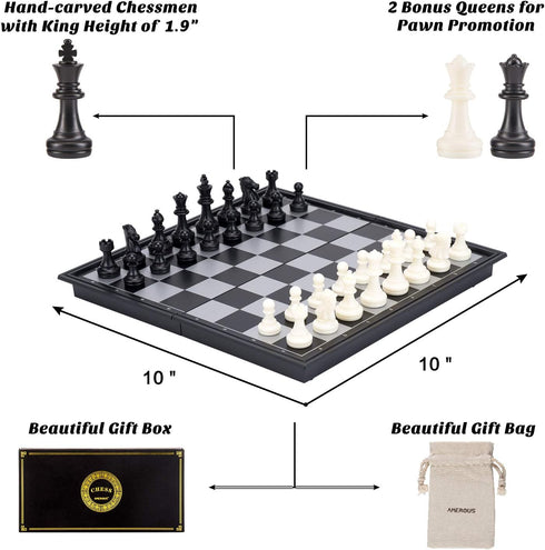 AMEROUS 10 Inches Magnetic Travel Chess Set with Folding Chess Board - 2 Extra Queens - Storage Bag for Pieces - Instructions for Beginner, Kids and Adults