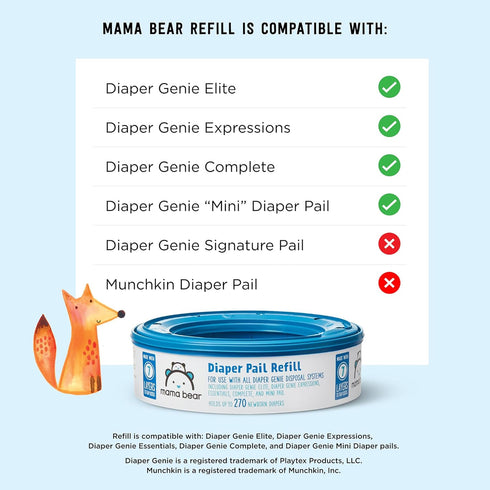2160 Count (8 Packs 270) Amazon Brand - Mama Bear Round Diaper Pail Refills for Genie Pails, Unscented
