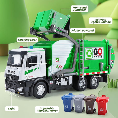 12'' Set 4 HOLYFUN Electric Garbage Truck with Front Loader/Metal Cab, Friction-Powered Recycling Vehicle
