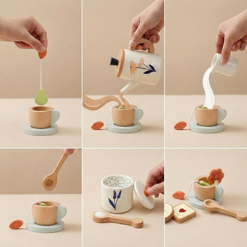 Set 19-Piece Set 3+ PairPear Wooden Tea for Kids, Pretend Tea Time Play with Tray, Wooden Tea Toys for Toddlers