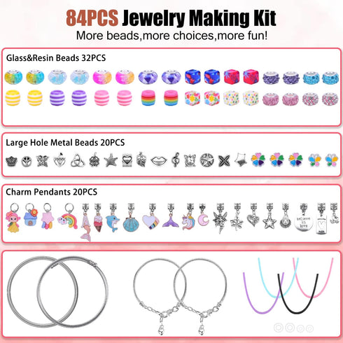 AIPRIDY Charm Bracelet Making Kit, Unicorn Mermaid Crafts Gifts Set for Girls 5-12 Years Old (84 Pieces)