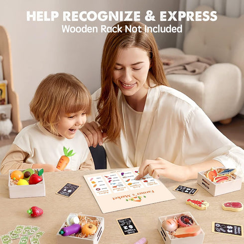 Tiny Land Wooden Play Food Sets for Kids Kitchen - 43 Pieces 100% Wood Pretend Food Play Accessories for Toddlers 3+